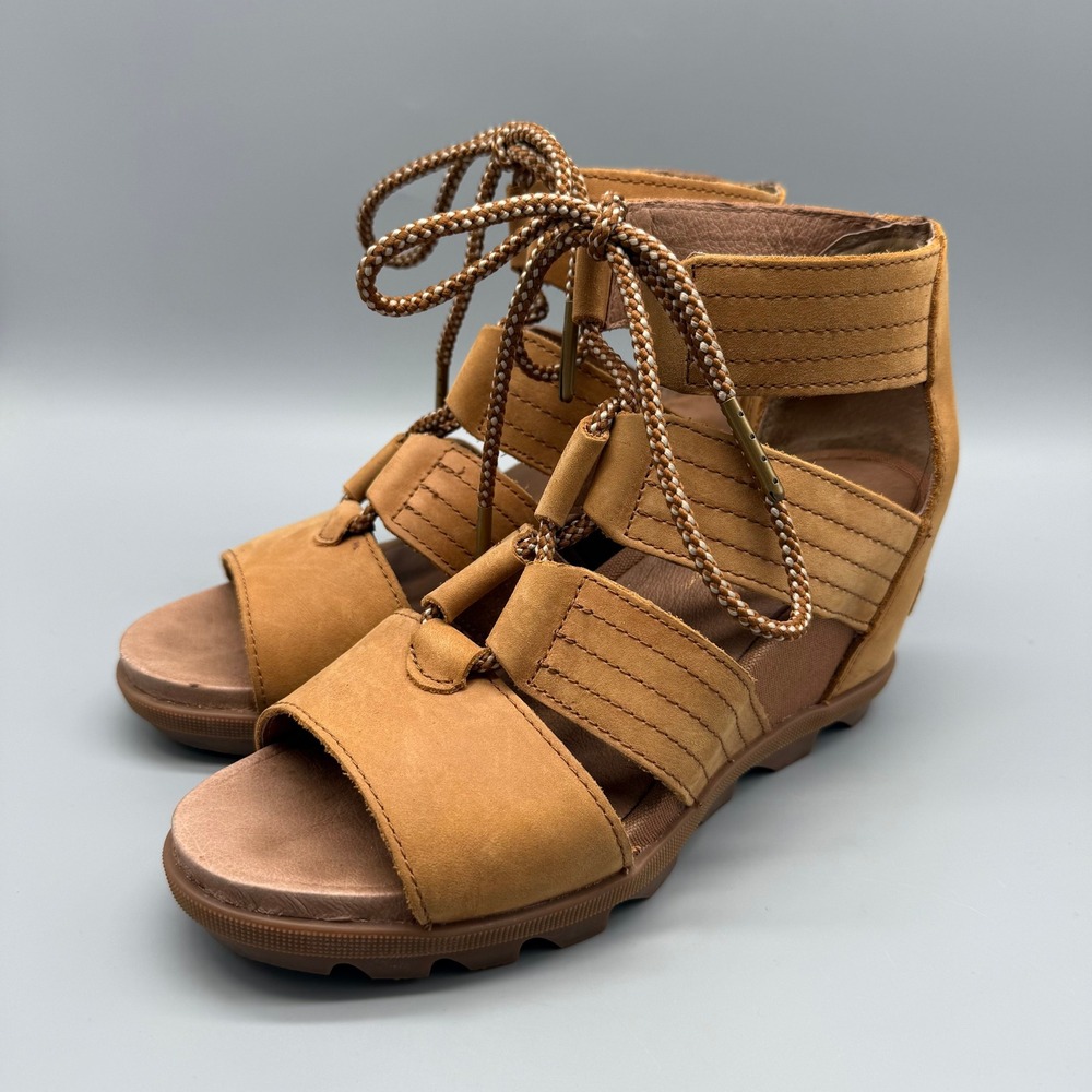 Sorel Joanie II Lace Sandal Women 7 Brown Suede Wedge Gladiator NL3224-224 EUC